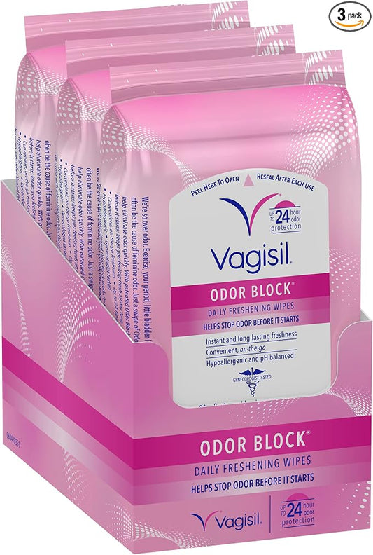 Vagisil Odor Block Daily Freshening Wipes for Feminine Hygiene in Resealable Pouch, Gynecologist Tested & Hypoallergenic, 20 Wipes (Pack of 3)