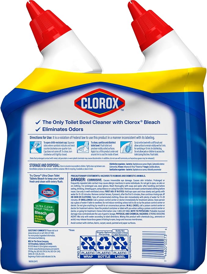 Clorox Toilet Bowl Cleaner with Bleach, Rain Clean Scent, Kills 99.9% of Germs, Removes Toilet Rings and Mold Stains, 24 fl oz, Pack of 2