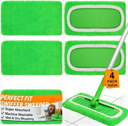 4 Pack Reusable Microfiber Mop Pads Compatible with Swiffer Sweeper, Washable Wet & Dry Mopping Pad Refills for Hardwood, Pet Hair, Laminate, Marble, Multi-Surface Floor Cleaning