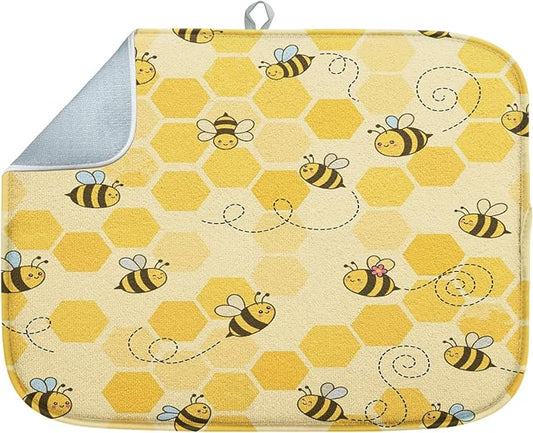 Sanwarm Absorbent Dish Drying Mat, Honey Baby Cute Yellow Bees Microfiber Pad for Kitchen Counter, Coffee Bar Decor, Heat Resistant and Reversible, 18" x 24"