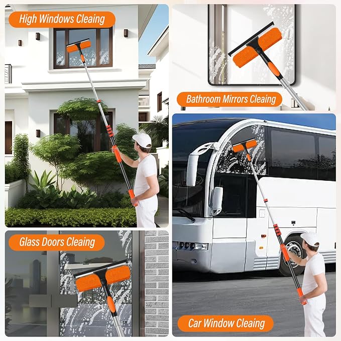 30FT High Window Cleaning Kit with Pole,Professional Window Clean Pole Kit | 2 in 1 Window Squeegee for Window Clean,5-24FT Window Wash Kit Include Replacement,180°Rotatable Squeegee for Indoor/Outdoor