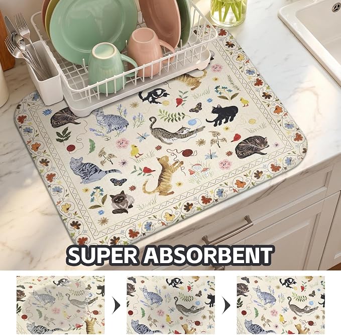Boho Dish Drying Mat for Kitchen Counter,Flower Floral Animal Cat Farmhouse Absorbent Microfiber Reusable Washable Non-Slip Dish Drainer Draining Mats Dishes Pad for Kitchen Decor 18x16 Inch