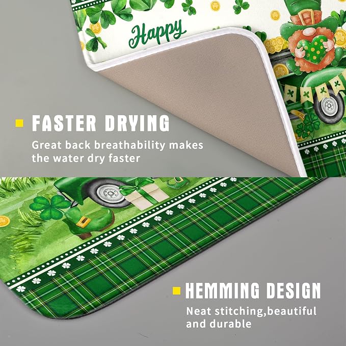 Shamrock Truck Dish Drying Mat Buffalo Check Dish Drainer Mat 16x18 inch Reversible Microfiber Quick Dry Rack Pad for Kitchen Counter Sink