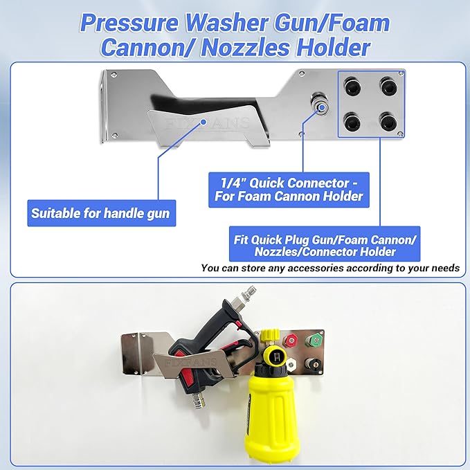FIXFANS Pressure Washer Gun Holder, Wall Mounted Foam Cannon Tool Organizer | Power Washer Snow Foam Lance Tool Organizer, Nozzle Tips and Car Wash Accessories Kit Storage Rack, 1/4" Quick Connect