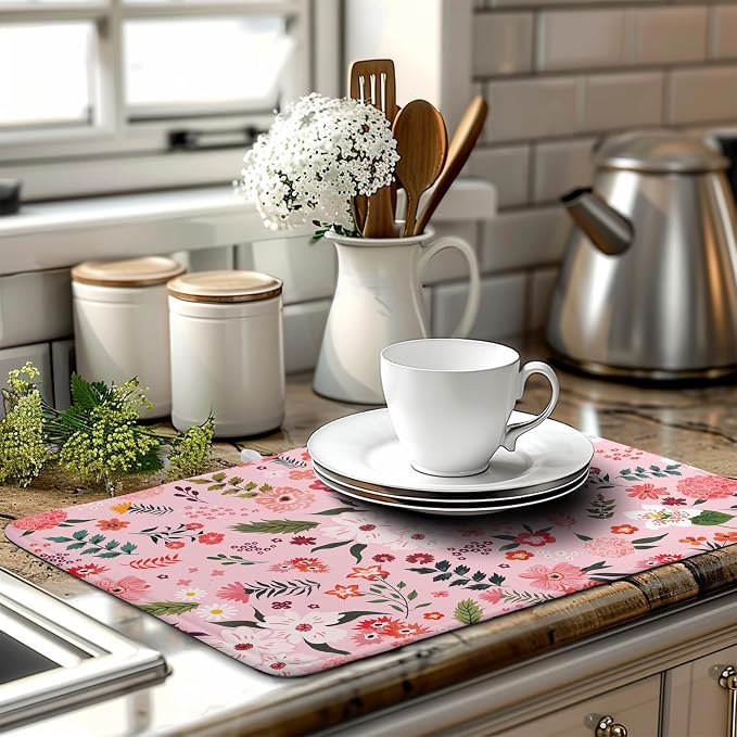 Pink Floral Dish Drying Mat for Kitchen Counter Cute Flower Print Dish Rack Mats Absorbent Microfiber Dish Draining Mat Reusable Washable Large Drainer Pad 18x24 Inch