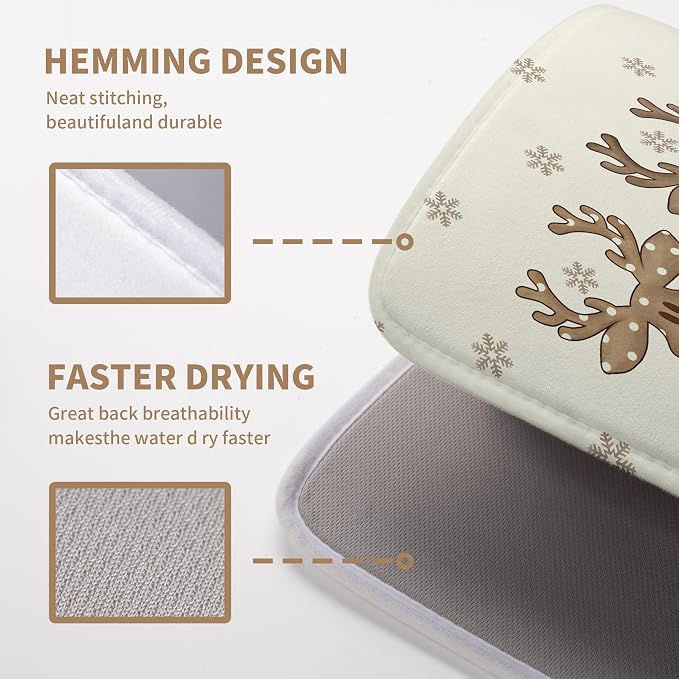 Christmas Reindeer Snowflakes Dish Drying Mat for Kitchen Counter 18x24 Inch Winter Xmas Holiday Drying Pads Microfiber Absorbent Dish Draining Mat Large Dish Drainer Rack Mat