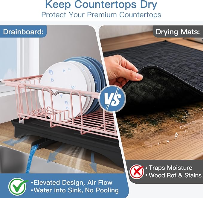 JASIWAY Pink Dish Drying Rack in Sink, Expandable Stainless Steel Dish Drainers with Drainboard for Kitchen Counter, Space Saving Dish Dryer Rack, Over The Sink Dish Racks with Utensil Holder