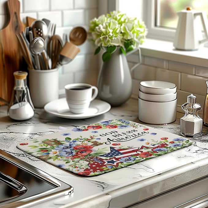 4th of July Drying Mat for Kitchen Counter Patriotic Floral Cross Stars Dish Drying Pad Independence Day Absorbent Microfiber Washable Dish Draining Mat Extra Large 16"x18"