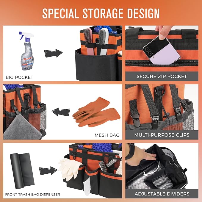 SCAVATA Wearable Cleaning Caddy, Cleaning Caddy Supplies Organizer with Handle & Shoulder Straps for Housekeepers, Under Sink & Car Cleaning Tool Organizers Bag with 4 Foldable Divider (RetroOrange)