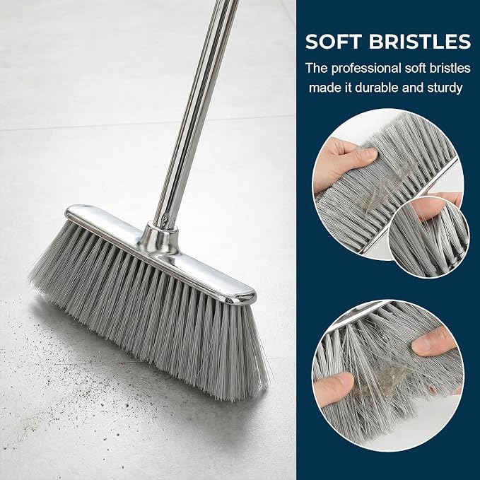 Soft Bristle Broom & Stainless Dustpan Set, Silver, Tile/Wood/Composite