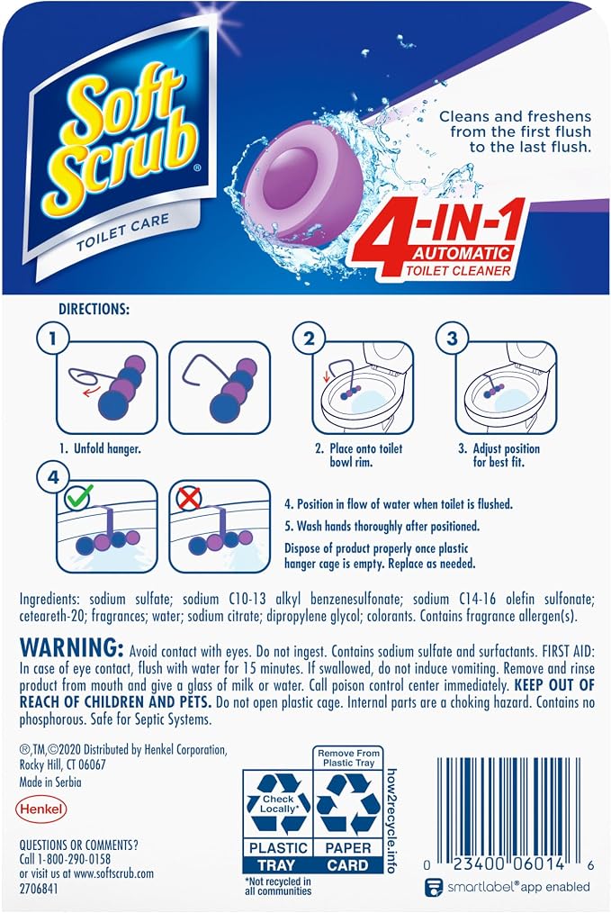 Soft Scrub 4-in-1 Rim Hanger Toilet Bowl Cleaner,Lavender,2 Count (Pack of 6)