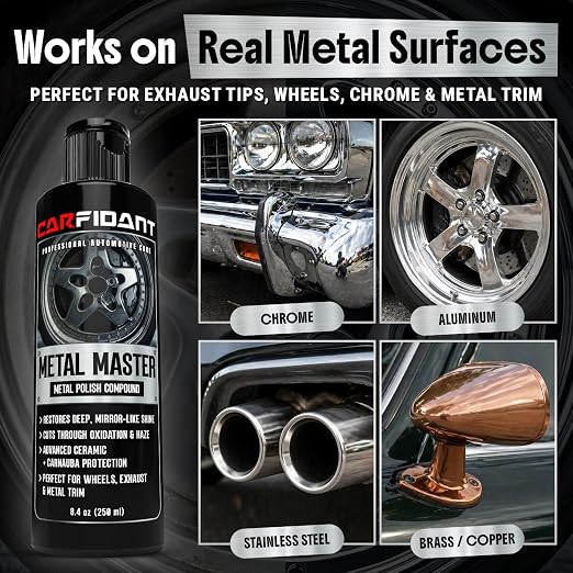 Metal Polish Kit with Applicator Pad – Restores Shine & Removes Oxidation on Chrome, Aluminum & Stainless Steel – Carnauba + Ceramic Protection – Metal Cleaner & Polish – 8.4 oz