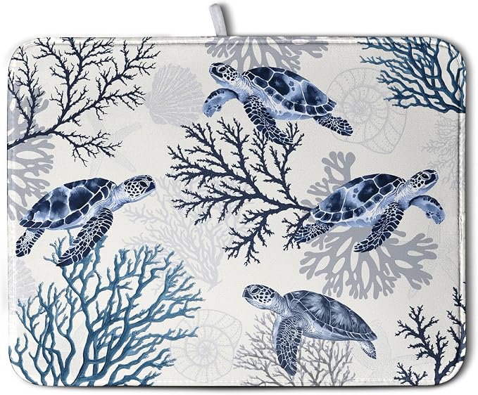 Summer Nautical Coastal Dish Drying Mat for Kitchen Counter Ocean Coral Sea Turtle Drying Rack Mats Beach Blue Dishes Drainer Mat Absorbent Microfiber Large Dish Draining Pad 18x24 Inch
