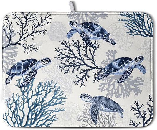Summer Nautical Coastal Dish Drying Mat for Kitchen Counter Ocean Coral Sea Turtle Drying Rack Mats Beach Blue Dishes Drainer Mat Absorbent Microfiber Large Dish Draining Pad 18x24 Inch