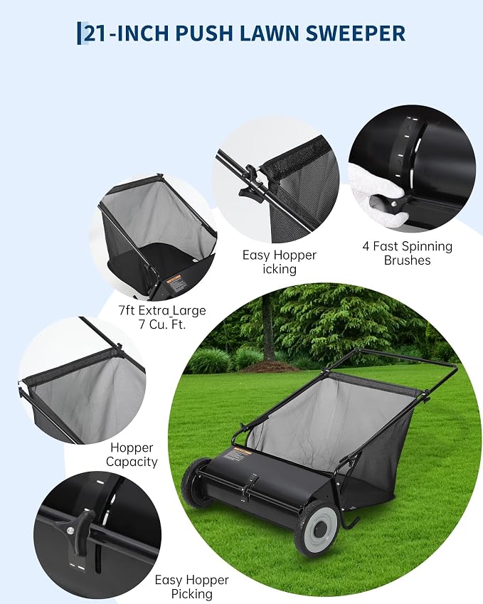 Garvee 21 Inch Push Lawn Sweeper, 3.5 Cu. Ft. Hopper Capacity Grass Sweeper, Manual Push Yard Sweeper with Height Adjustment & 4 Fast Spinning Brushes for Grass Clippings, Leaves & Debris, Black | Manual Push Yard Sweeper with Height Adjustment & 4 Fas...
