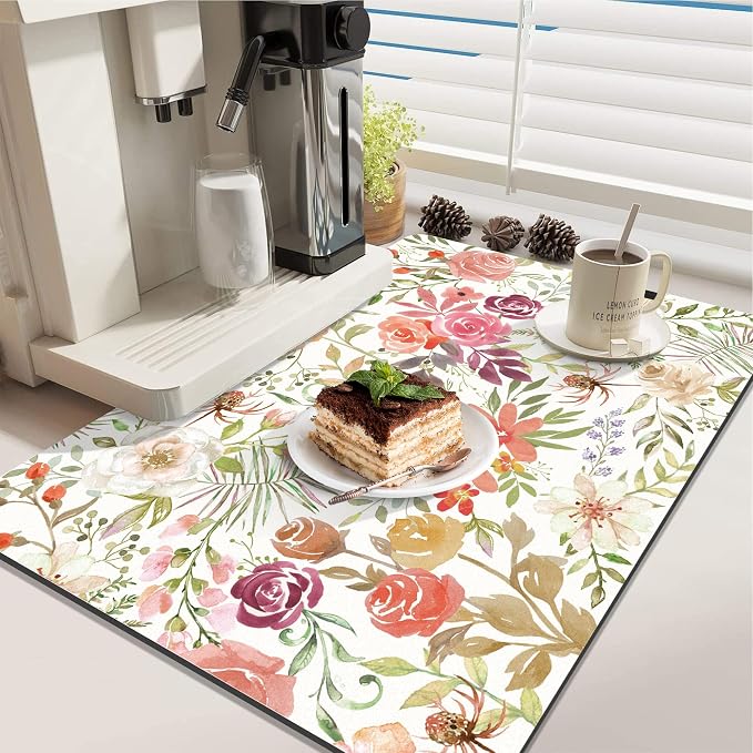 LOKHOM Dish Drying Mat for Kitchen Counter, 18"x24" Absorbent Coffee Bar Mat with Pink Roses Petals, Dish Drainer Rack Mat for Kitchen Counter and Dining Room Decoration