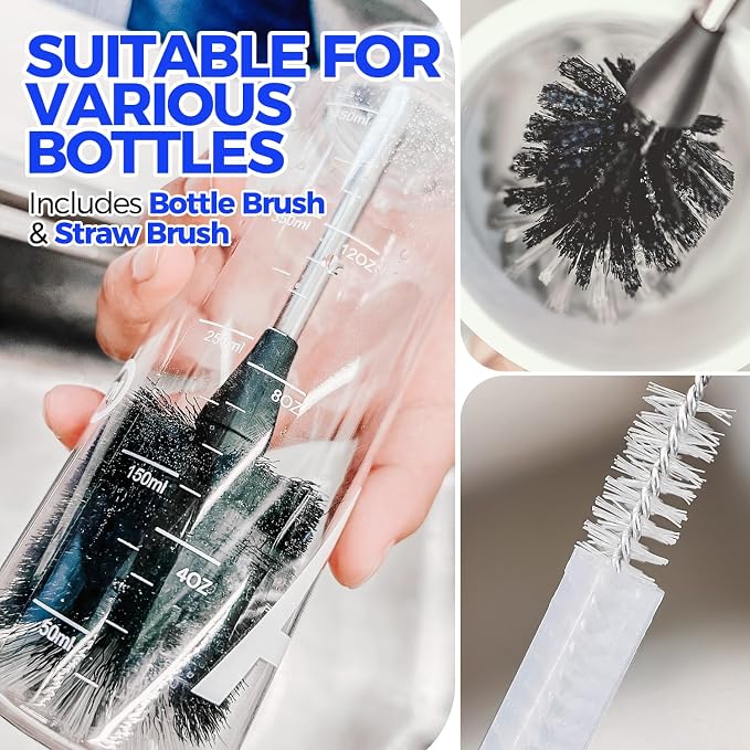 Holikme 5-Piece Bottle Brush Cleaner Set - 14" Stainless Steel Handle, 3 Straw Brushes, Cleans Water Bottles, Cups, Baby Bottles, Black & Grey