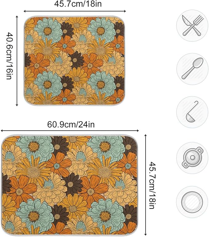 Super Absorbent Dish Drying Mat, Microfiber Fast-Drying Dish Mat, 16" x 18", Kitchen Dish Drying Pad, Retro Flower Daisy