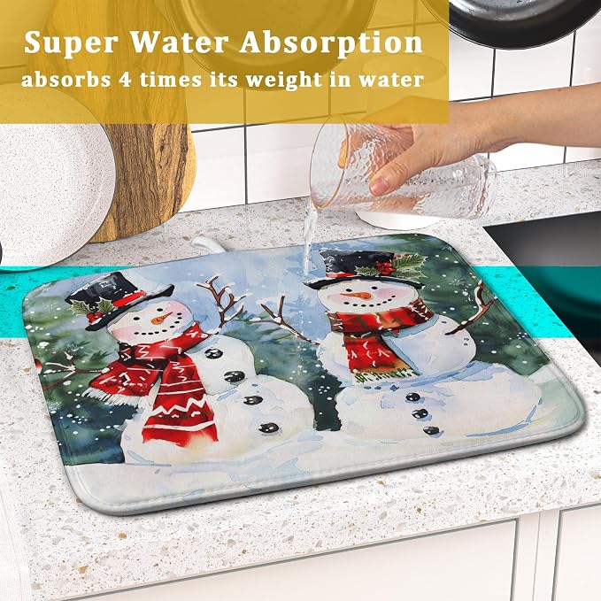 Winter Dish Drying Mat 16 x 18 Inch Xmas Snowman Pattern Dish Drying Pad Absorbent Microfiber Mats for Christmas Dish Rack Pad for Kitchen Counter Coffee Bar Decor