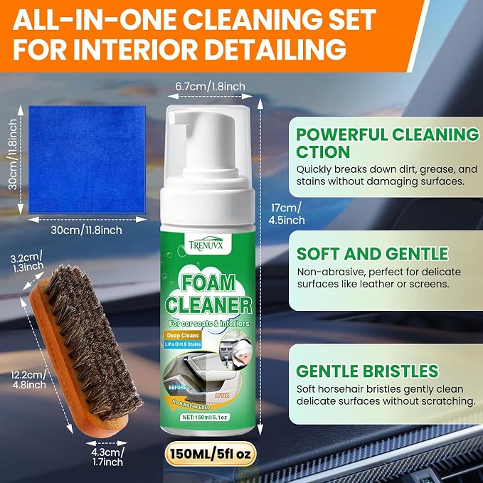 Multifunctional Car Foam Cleaner, No-Rinse Stain Remover, Powerful Auto Interior Detailing Spray for Carpet, Seats, Leather, Fabric & Vinyl, Safe for All Surfaces - 5oz / 150ml