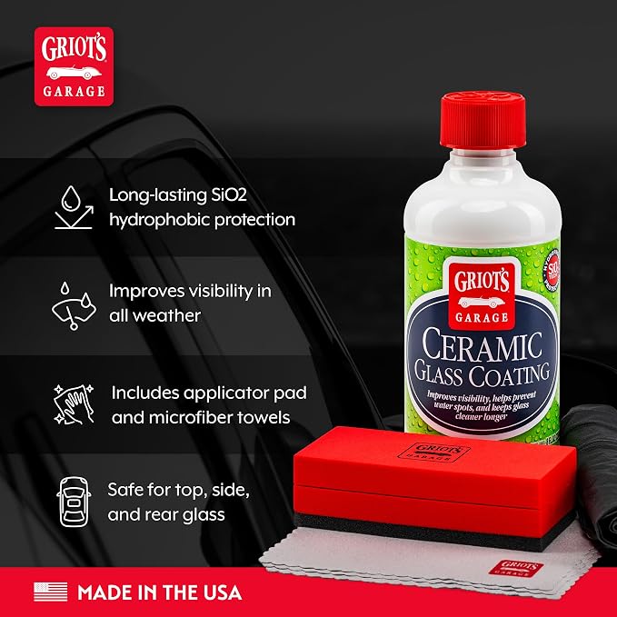 Griot's Garage Ceramic Glass Coating Kit for Cars, SiO2 Hydrophobic Sealant for Windshields and Auto Detailing, Includes Applicator Pad and Microfiber Towels, 10867