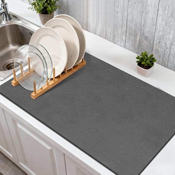 Findosom Dish Drying Mat, 12"x 20" Super Absorbent & Hide Stain Coffee Mat, Cuttable Drying Mat for Kitchen Counter, Coffee Bar Accessories, Under Dish Rack, Coffee Maker, Espresso Machine, DarkGrey-2