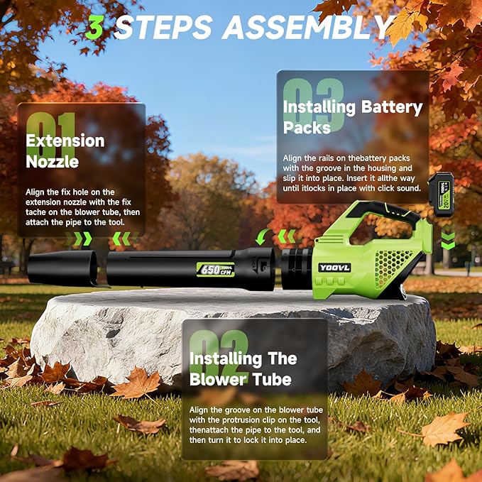 Leaf Blower Cordless, 650CFM Electric Leaf Blowers with 2 x 5.2Ah Batteries and Charger, 3 Speed Modes, 1 x Adjustable Shoulder Strap, Powerful Snow Blowers for Lawn Care, Patio, Dust, Blowing Leaves