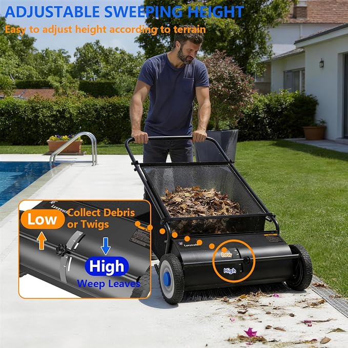 26 Inch Push Powered Garden Sweeper for Grass Clippings, Leaves & Debris – Manual Push Yard Sweeper