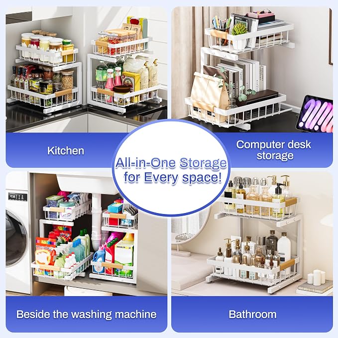 ADBIU 2 Pack Under Sink Organizers and Storage, Height Adjustable 2-Tier Pull Out Cabinet Organizer, Heavy Duty Slide Out Sink Shelf Drawer for Kitchen Bathroom Organization