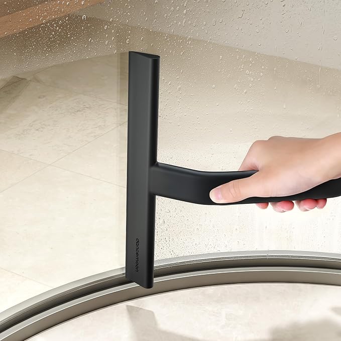dancemoon JustHang Shower Squeegee with Built-in Hook, 10-Inch Black | Award-Winning Design, All-One-Piece Soft-Touch Silicone, for Glass Door, Bathroom, Window, Mirror, Tile Wall, Car