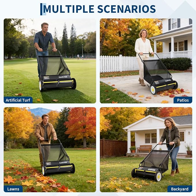 Garvee 26 Inch Push Lawn Sweeper, Leaf and Grass Collector with 7 Cu.ft Mesh Bag, 4 Spinning PP Brushes, Durable Steel Construction, Adjustable Height & Rubber Tires for Yard Cleanup