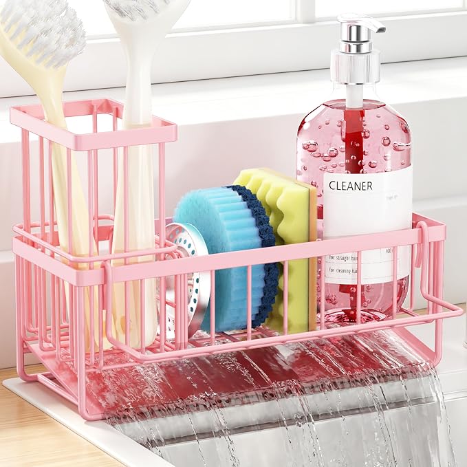 Sponge Holder for Kitchen Sink, Kitchen Sink Caddy, Kitchen Sink Sponge Holder, Dish Sponge Holder, Kitchen Sink Organizer for Sponge, Dish Brush, Scrubber(9.65" x 3.74" x 6.3", Pink)