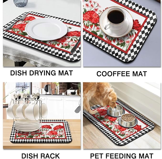 Dish Drying Mat 2-Pack Red Floral Bee Check for Kitchen Counter Dishes | Diatom Mud Mats (18x24, 19.5x12"). Non-slip rubber back for kitchen counter, coffee bar & sink scenes