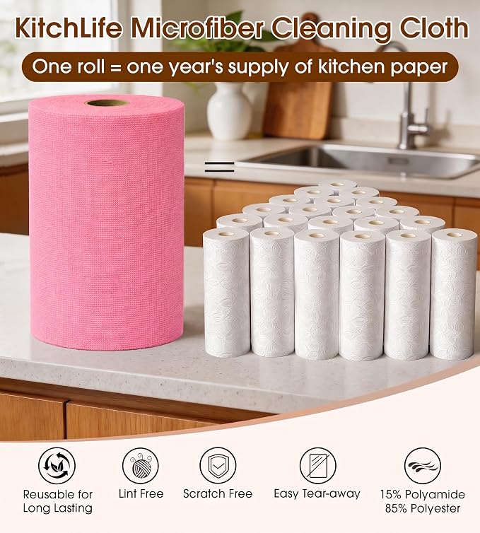 KitchLife Microfiber Cleaning Cloth Roll, 100 Pack - Tear-Away Microfiber Paper Towels, Lint-Free, Reusable, Washable for Kitchen, Car, Dishes, and Sensitive Surfaces (Pink)
