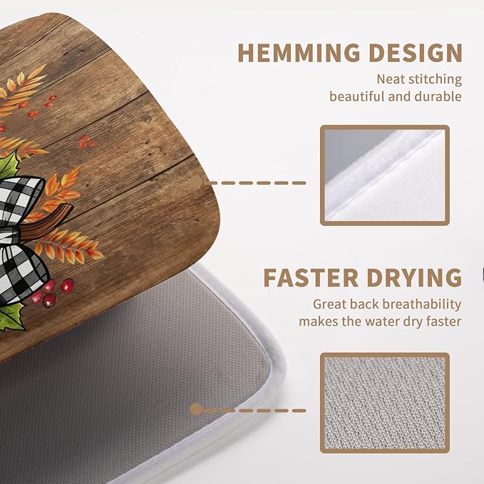 Fall Pumpkin Dish Drying Mats Thanksgiving Dish Mat Football Wood Drying Matt Dishes Dryer Pad for Kitchen Counter Absorbent Microfiber Washable Foldable Reusable 18x24 in