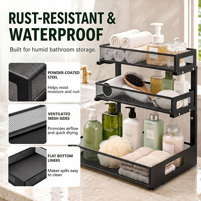 3 Tier Under Sink Organizer,1 Pack Pull Out Cabinet Shelves with Adjustable Height,Heavy Duty Carbon Steel L-Shaped Storage for Kitchen Bathroom Sink,Pantry & Laundry,Black
