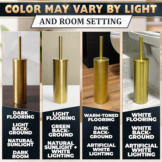 2 PCS Gold Toilet Brush and Holder Set - Brushed Stainless Steel Gold Toilet Bowl Brush and Holder with Replacable Head, Removable Inner Bowl, and Splash Protection - Dense Bristles for Cleaning