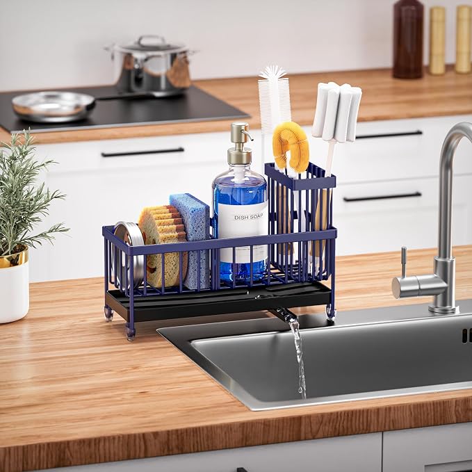 Cisily Sponge Holder for Kitchen Sink, Sink Caddy Organizer with High Brush Holder, Kitchen Countertop Organizers and Storage Essentials, Rustproof 304 Stainless Steel (Navy Blue, 9.25″)