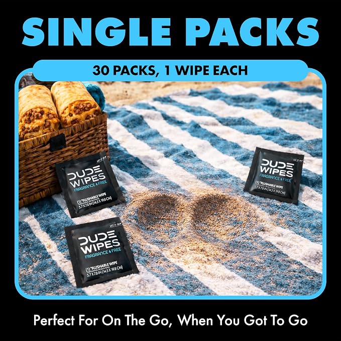 DUDE Wipes On-The-Go Unscented Travel Wipes - 30 Count (Individually Wrapped) - Extra-Large Adult Flushable Wipes for Sensitive Skin - Infused with Vitamin E and Aloe - Septic and Sewer Safe