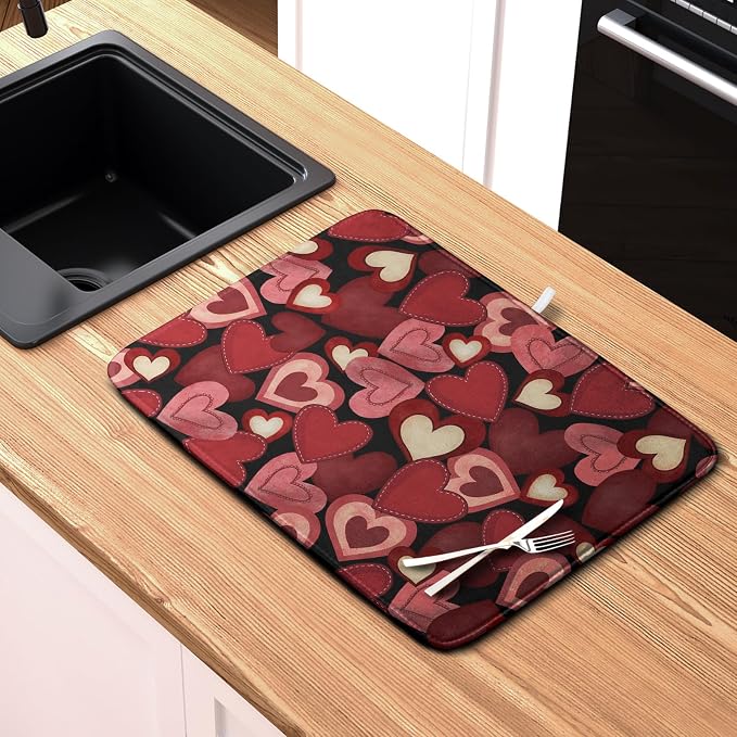 Valentine Dish Drying Mat for Kitchen Counter Red Black Love Heart Drying Pad Microfiber Absorbent Coffee Bar Mat Heat Resistant Countertop Protector Dishes Drainer Mat 16x18 Inch