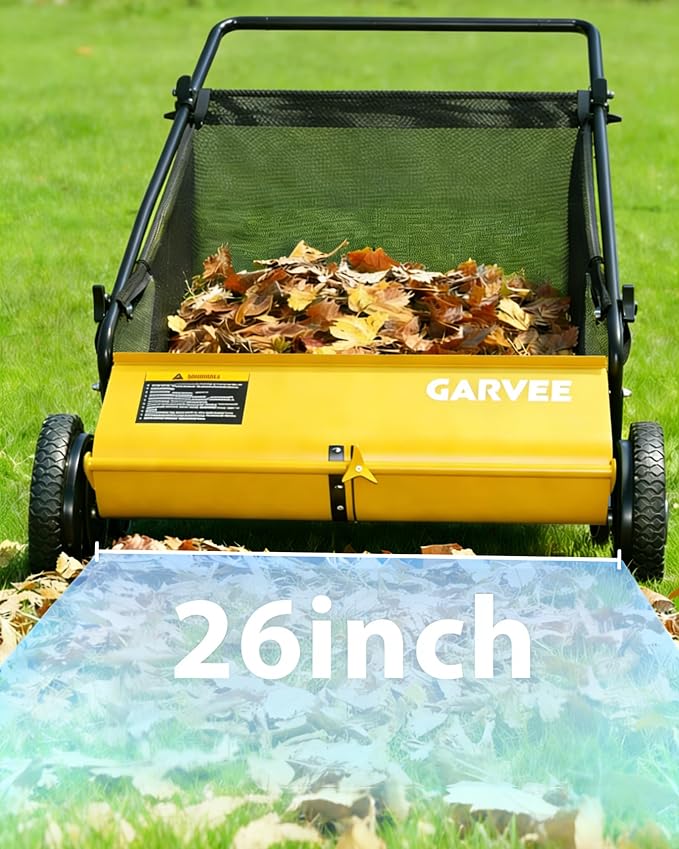 Push Lawn Sweeper, 26 Inch Extra-Wide 4-Brush System, 7 cu.ft. Mesh Bag, Heavy Duty Steel Frame, Height-Adjustable Yard & Garden Cleaner for Leaves and Grass, Yellow