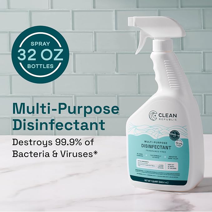 Multi-Purpose Disinfectant, Hypochlorous Acid Cleaner, 32oz Spray, 2-Pack | EPA-Registered, Kills 99% of Bacteria, No Chemical Residue, Hypochlorous Acid, Non-Toxic, Fragrance Free, Family & Pet Safe
