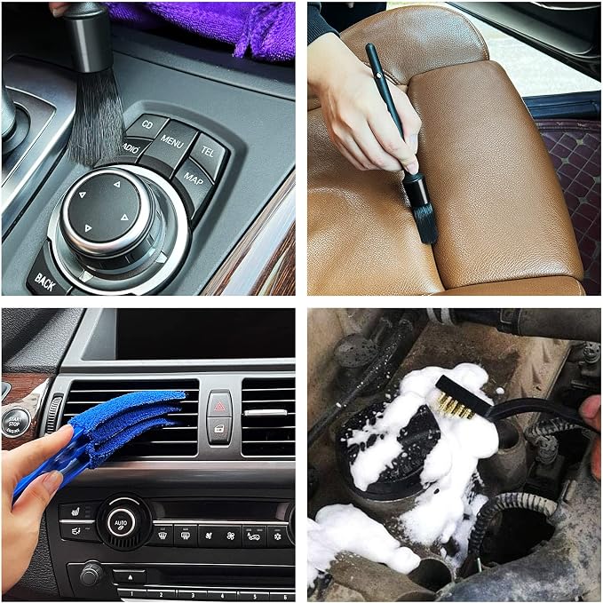 HMPLL 9pcs Auto Car Detailing Brush Set Car Interior Cleaning Kit | Includes 5 Soft Detail Brush, 3 Wire Brush & 1 Vent Cleaning Brush for Cleaning Interior, Dashboard, Engines, Leather, Wheel