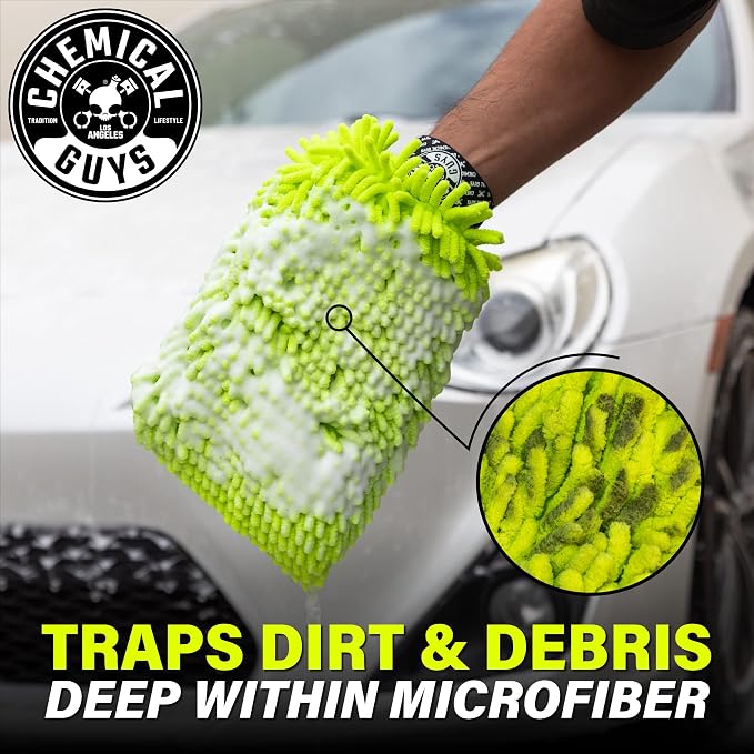 Chemical Guys, Chenille Microfiber Wash Mitt for Cars, Lime Green, Single | Ultra-soft chenille noodles hold thick suds and trap grit, gentle on paint, glass and chrome, machine washable