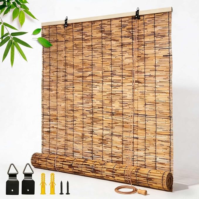 Weatherproof Patio Shades Roll Up Outdoor, 42" 53" 60" 65" 72" Reeds Bamboo Window Blinds, Light Filtering Balcony Privacy Screen and Garden Pergola Sun Protection(45" W x 54" H)