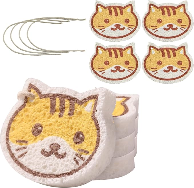 JOYMOOP Cartoon Kitchen Sponge, Cellulose Sponges for Cleaning, 4 Pack Non-Scratch Sponges for Dishes, Reusable Sponge for Household Cleaning - Kitten Pattern
