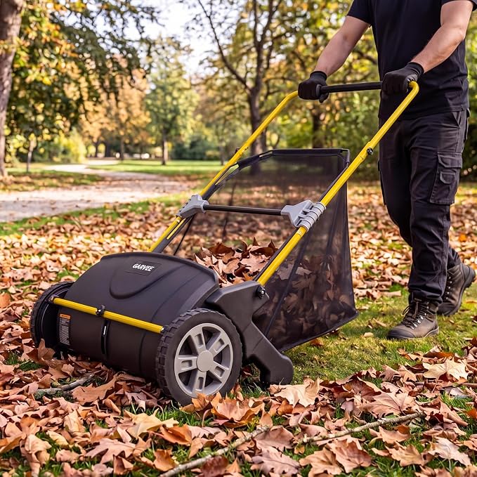 21-Inch Push Lawn Sweeper, Heavy Duty Manual Leaf & Grass Collector with 3.5 Cu. ft. Large Hopper Bag, Adjustable Height Spinning Brushes for Yard, Garden & Driveway