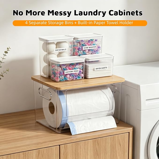 5-in-1 Under Sink Organizer with Trash Bag Dispenser & Acrylic Containers, Clear Laundry Pod & Dishwasher Pod Storage, Bamboo Lid Kitchen Pantry Organization