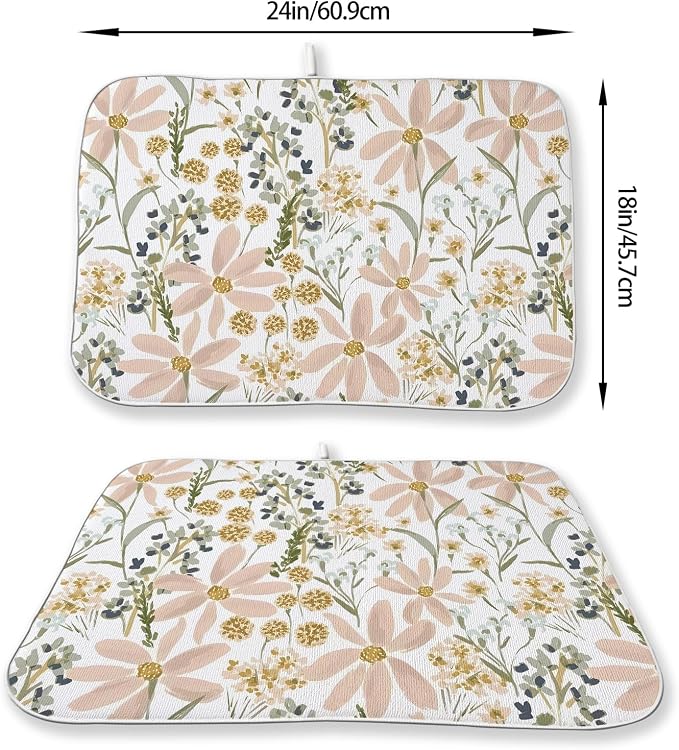 Floral Dish Drying Mat 18x24 Inch Vintage Pink Green Daisy Flower Drying Mat Boho Spring Summer Seasonal Absorbent Dish Drying Pad Dish Rack Drainer Mats for Kitchen Dining Counter