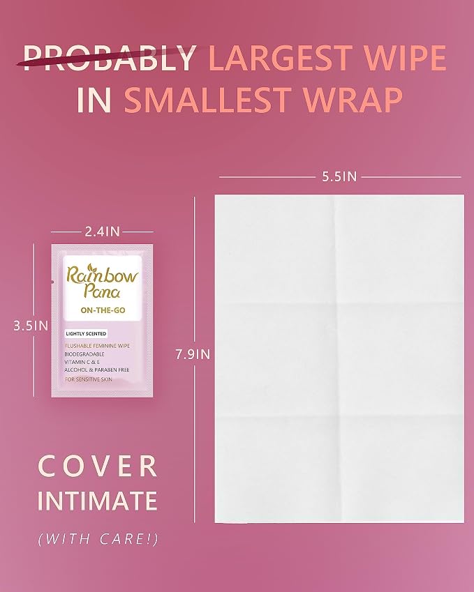RainbowPana Feminine Wipes, 40 Count ON-THE-GO Individually Wrapped | Flushable Wipes, Travel Wipes for Women, | Aloe, Portulaca, Vitamin E | pH Balanced
